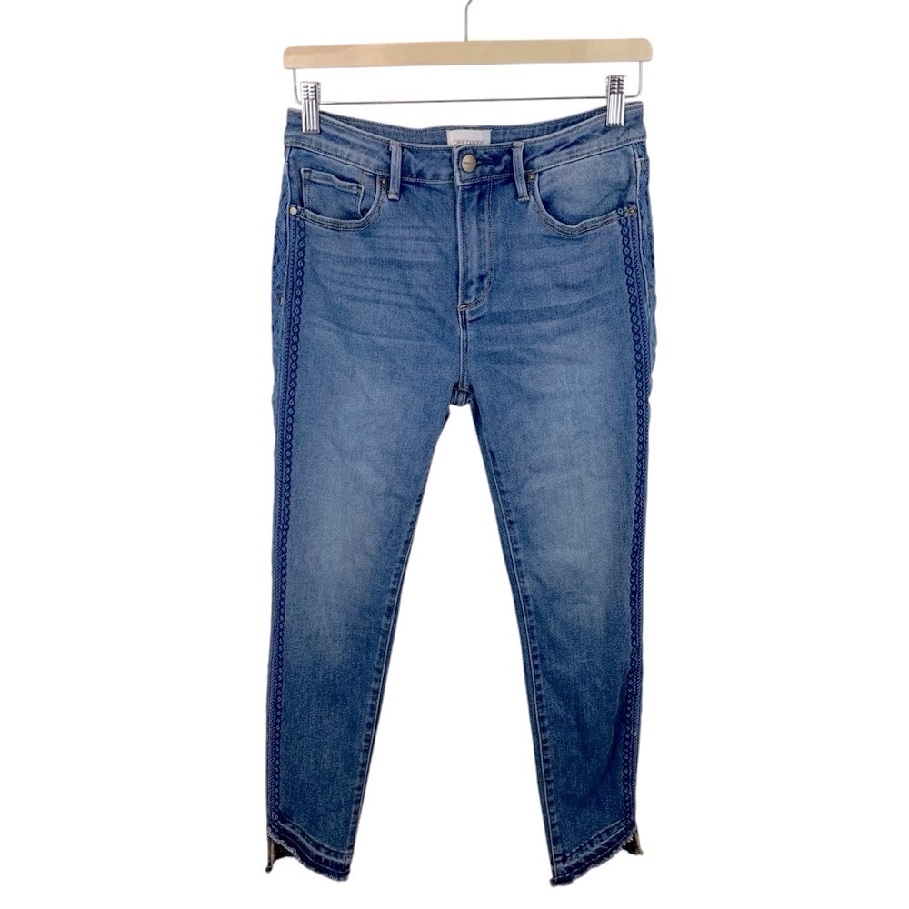 Driftwood sz 27 Jackie High Rise Embroidered Blue Skinny Ankle Jeans Raw Hem